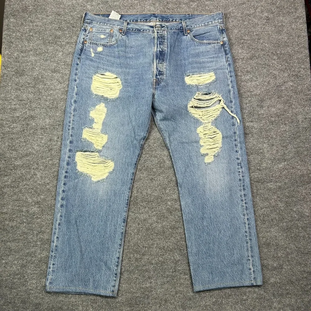 Levi's 501 Jeans Men's Blue Denim Distressed Pockets Classic Button Fly - 44X32